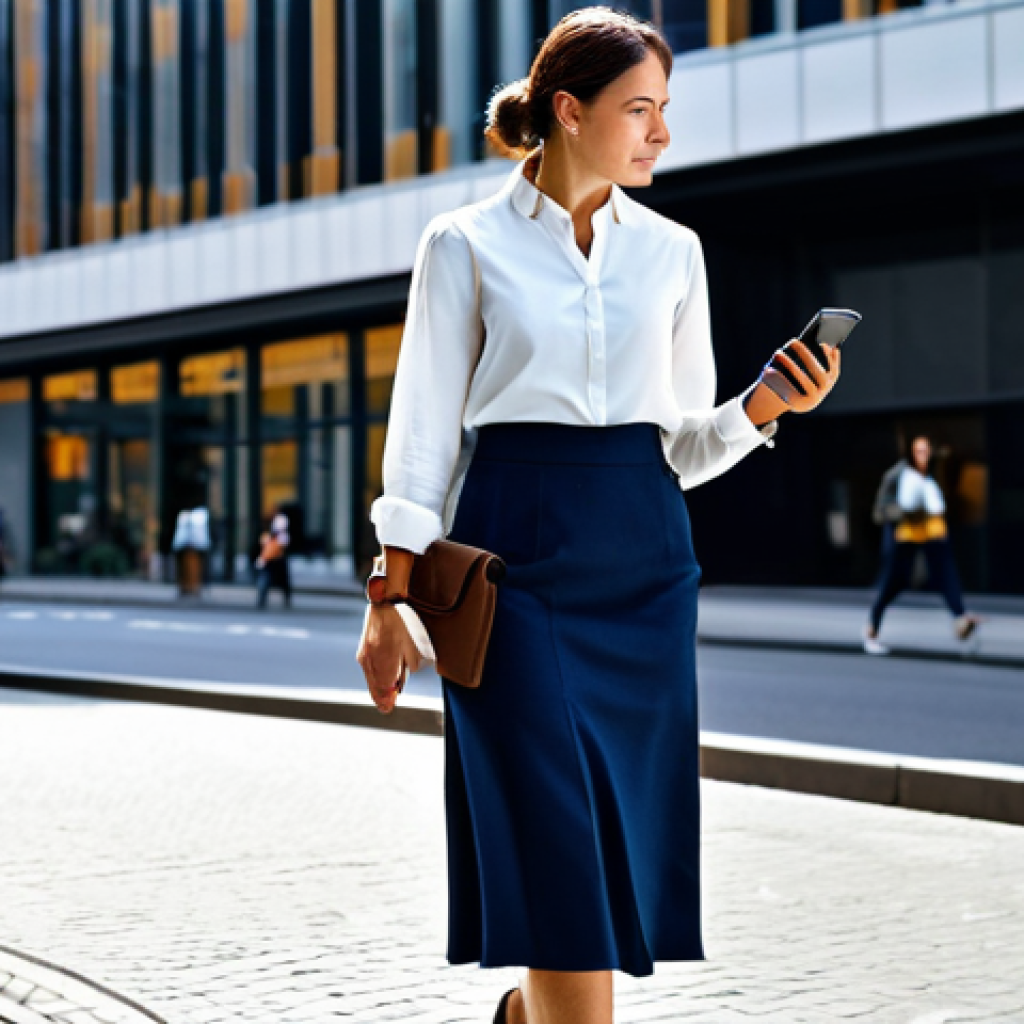 **

A busy professional woman in her late 20s, fully clothed in modest business casual attire (skirt and blouse), using a smartwatch while walking briskly on a city street during her commute. Background: Modern city street with pedestrians and buildings. Perfect anatomy, natural pose, well-formed hands, proper finger count. Safe for work, appropriate content, professional, family-friendly.

**