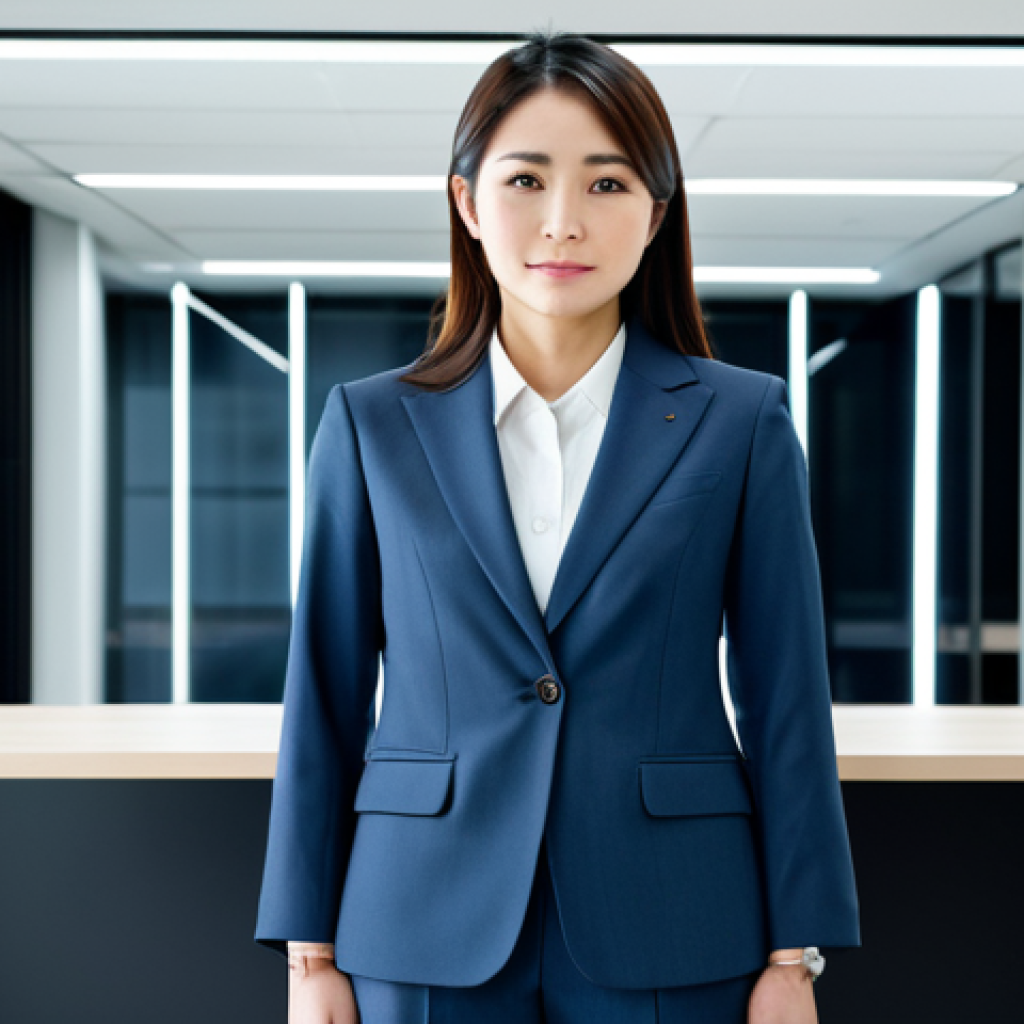 **

Professional Japanese businesswoman in a modest, modern business suit, standing confidently in a bright, contemporary Tokyo office. Fully clothed, appropriate attire, safe for work, perfect anatomy, natural pose, professional lighting, high resolution.

**
