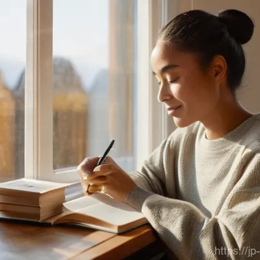 자기계발을 위한 생산성 높이기 - **Morning Serenity and Productivity:**
    A young adult (gender-neutral, perhaps a woman in her lat...