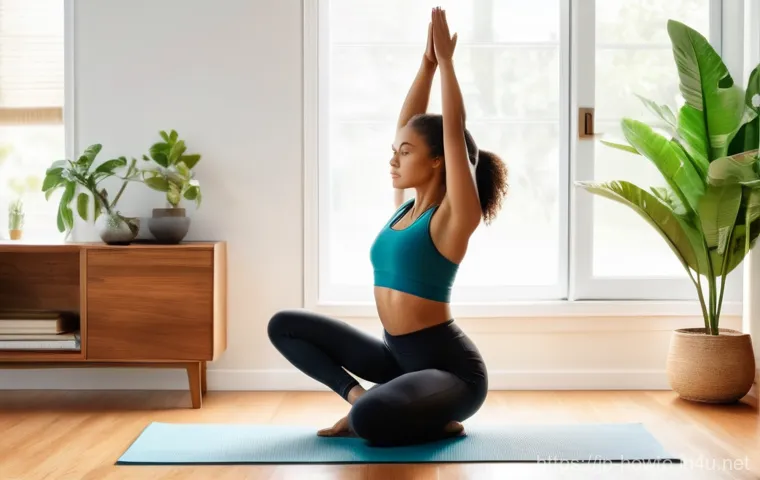 헬스케어 운동 루틴 - A radiant, fit woman in her mid-30s, dressed in tasteful, athletic leggings and a breathable t-shirt...