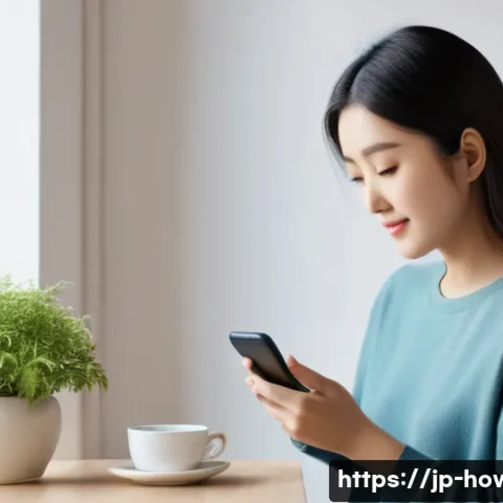 온라인 쇼핑 활용법 - A modern Japanese woman shopping online with a smartphone in a cozy, stylish room, carefully reading...