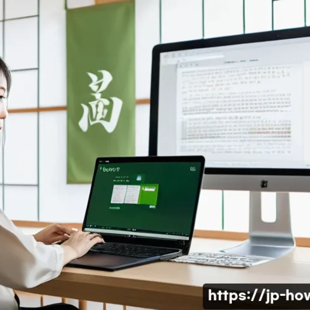 워드 자동화 기능 활용법 - A modern Japanese office setting with a young professional woman using Microsoft Word on a sleek lap...
