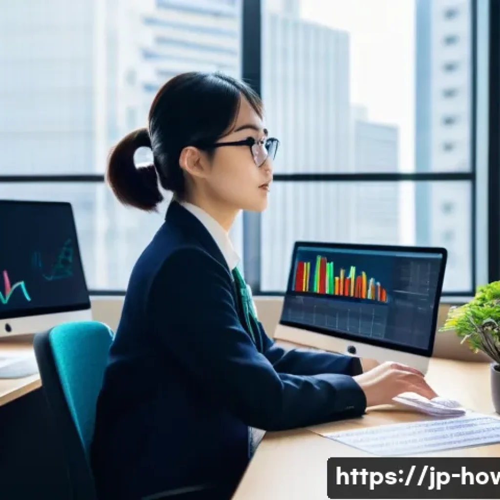 SEO 도구 활용법 - A modern Japanese office scene showing a young professional woman analyzing SEO data on multiple com...