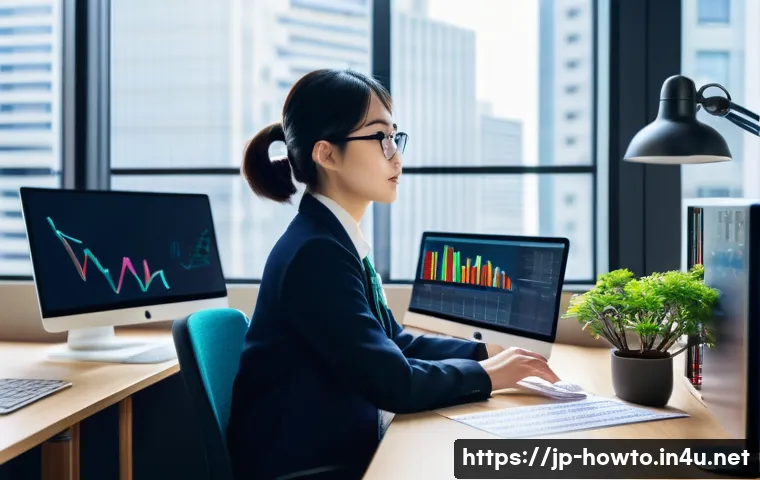 SEO 도구 활용법 - A modern Japanese office scene showing a young professional woman analyzing SEO data on multiple com...