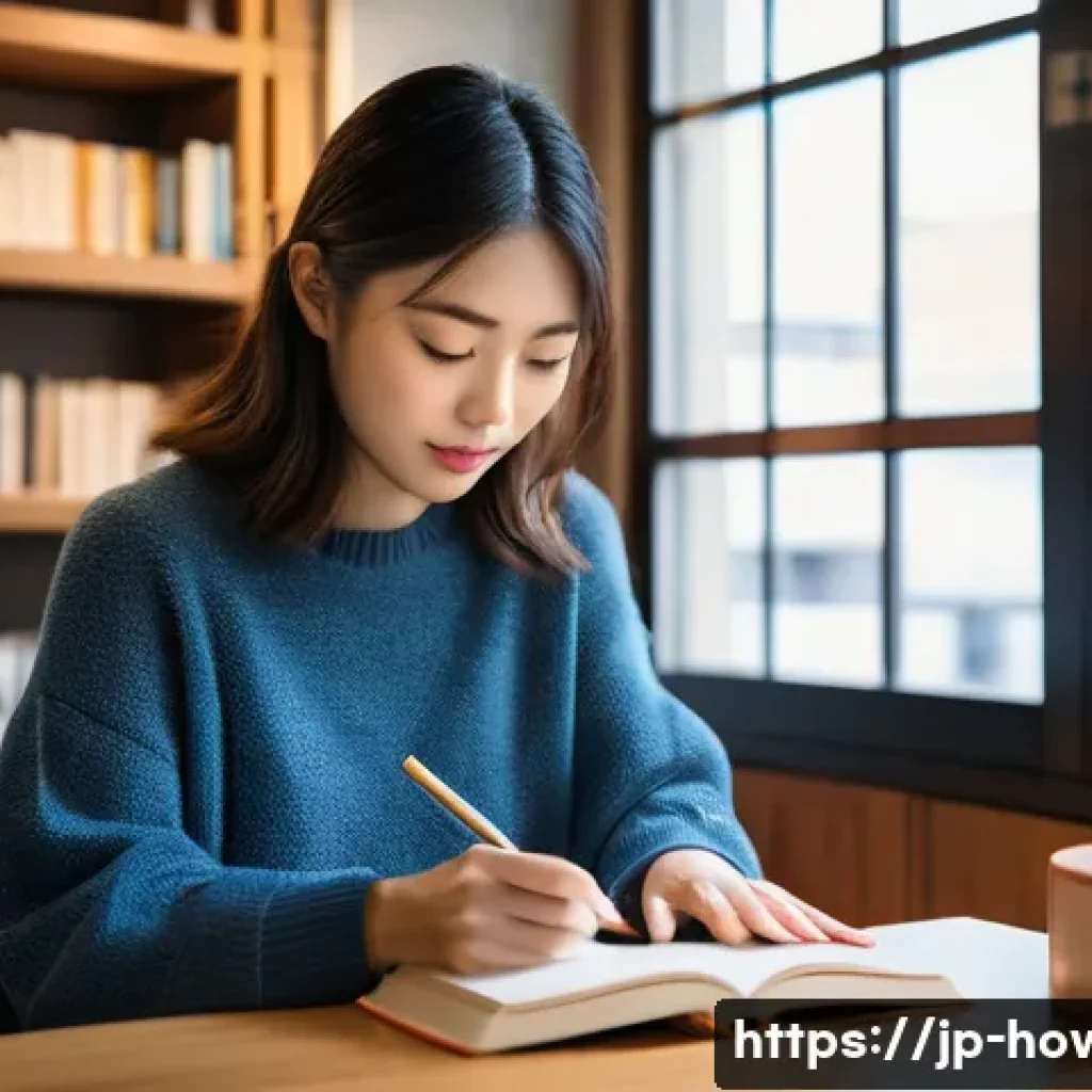 독서 기록 앱 활용법 - A modern Japanese woman sitting comfortably in a cozy café, using a sleek smartphone to input her bo...