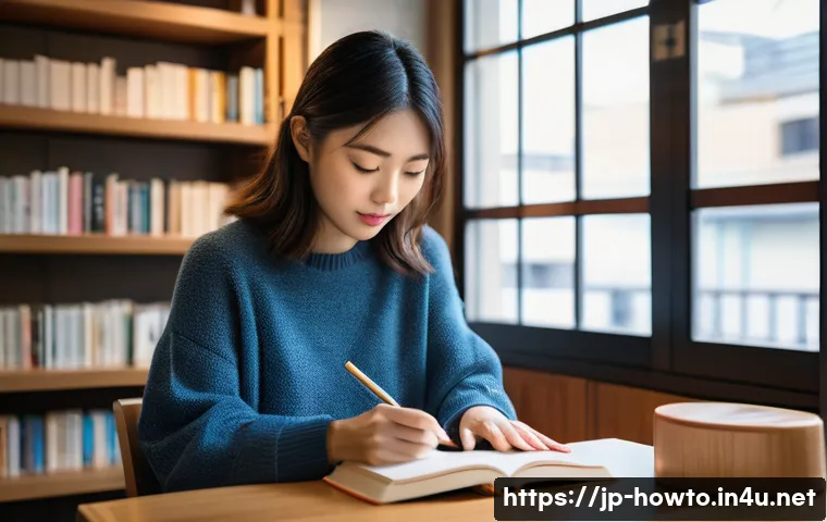 독서 기록 앱 활용법 - A modern Japanese woman sitting comfortably in a cozy café, using a sleek smartphone to input her bo...