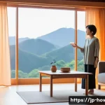 스마트홈 자동화 활용법 - A modern Japanese living room softly illuminated by smart lighting, featuring warm orange tones for ...
