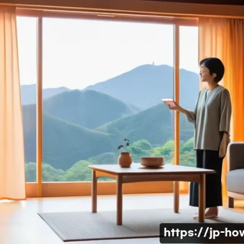 스마트홈 자동화 활용법 - A modern Japanese living room softly illuminated by smart lighting, featuring warm orange tones for ...
