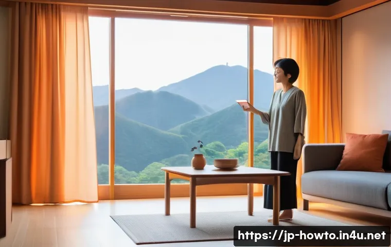 스마트홈 자동화 활용법 - A modern Japanese living room softly illuminated by smart lighting, featuring warm orange tones for ...