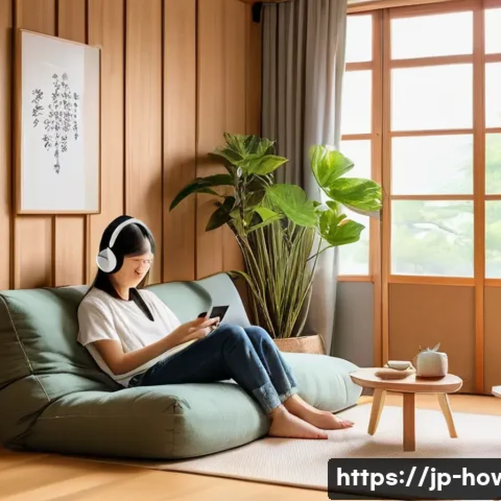 스포티파이 활용법 - A cozy modern Japanese living room scene featuring a young adult woman relaxing on a plush sofa with...