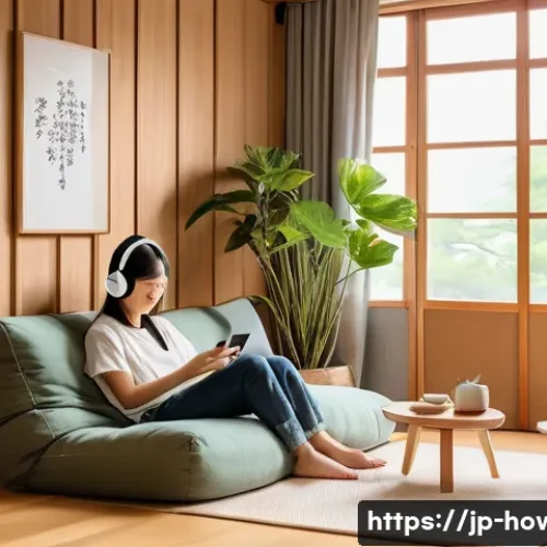 스포티파이 활용법 - A cozy modern Japanese living room scene featuring a young adult woman relaxing on a plush sofa with...
