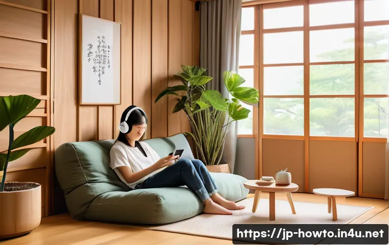 스포티파이 활용법 - A cozy modern Japanese living room scene featuring a young adult woman relaxing on a plush sofa with...