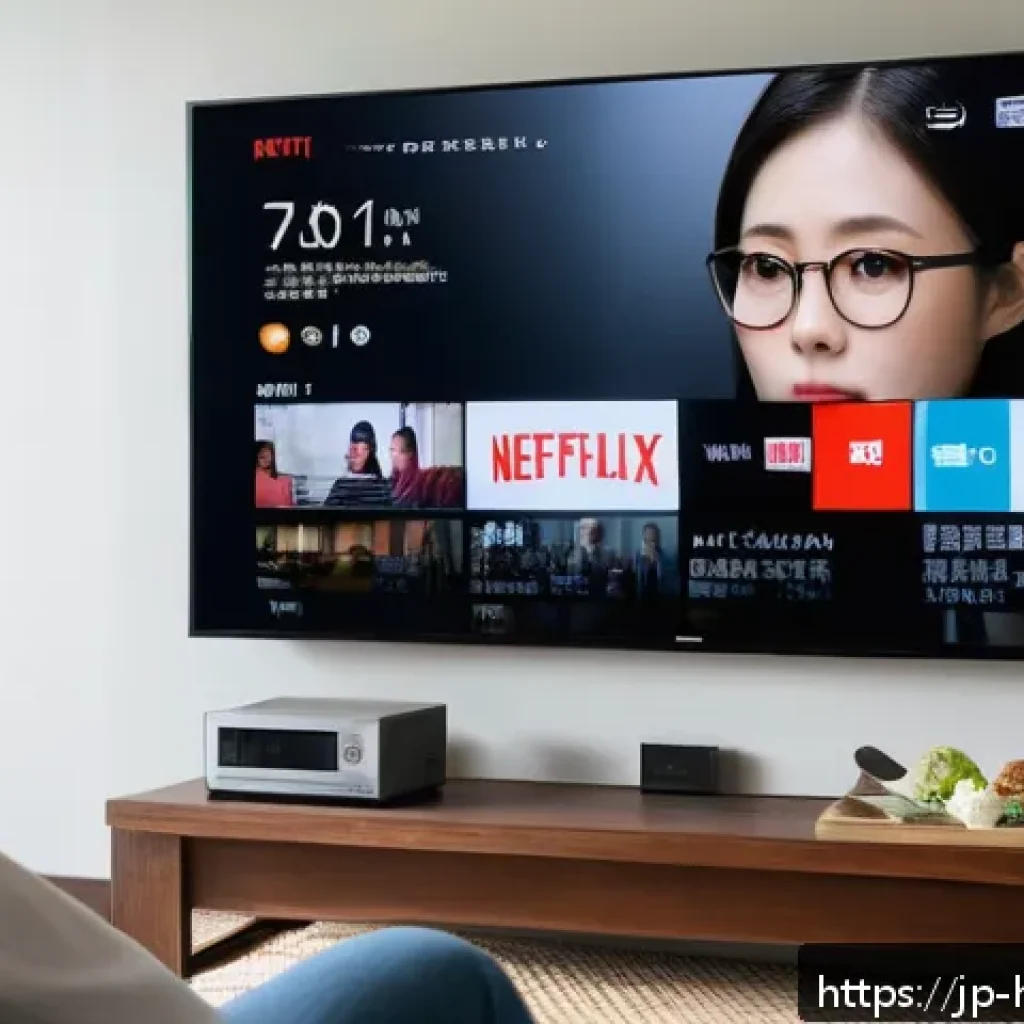 넷플릭스 활용법 - A modern Japanese living room scene featuring a young adult Japanese woman comfortably watching Netf...