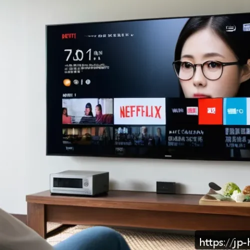 넷플릭스 활용법 - A modern Japanese living room scene featuring a young adult Japanese woman comfortably watching Netf...