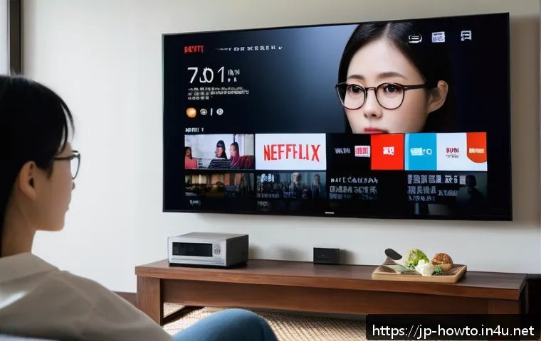 넷플릭스 활용법 - A modern Japanese living room scene featuring a young adult Japanese woman comfortably watching Netf...