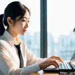 엑셀 자동화 방법 - A modern Japanese office scene focused on a young professional woman using Excel on a sleek laptop. ...