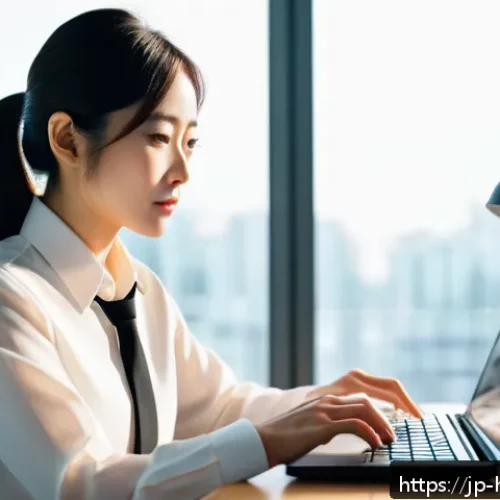 엑셀 자동화 방법 - A modern Japanese office scene focused on a young professional woman using Excel on a sleek laptop. ...