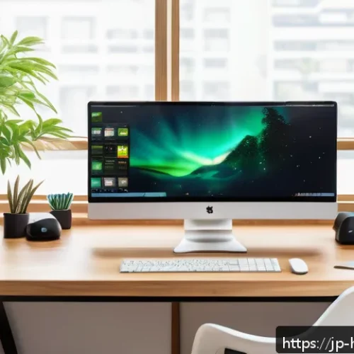 디자인 도구 활용법 - A modern Japanese home office setup for a graphic designer, featuring dual monitors displaying color...