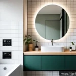 스마트 미러 활용법 - A modern Japanese-style bathroom featuring a sleek, frameless smart mirror mounted above a minimalis...