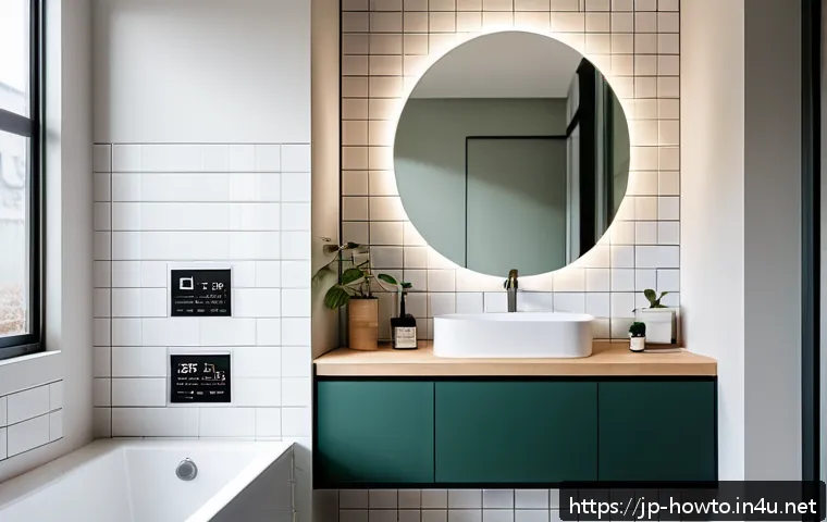 스마트 미러 활용법 - A modern Japanese-style bathroom featuring a sleek, frameless smart mirror mounted above a minimalis...