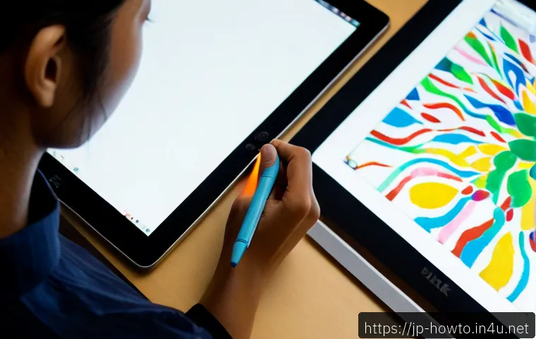 디지털 아트 소프트웨어 활용법 - Photorealistic overhead view of a Japanese digital artist using a pen tablet and stylus beside a lar...