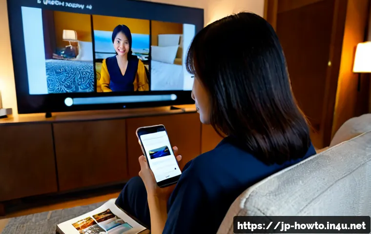 영화 추천 앱 활용법 - Photorealistic Japanese middle-aged woman relaxing on a sofa at home, holding a smartphone with a cl...